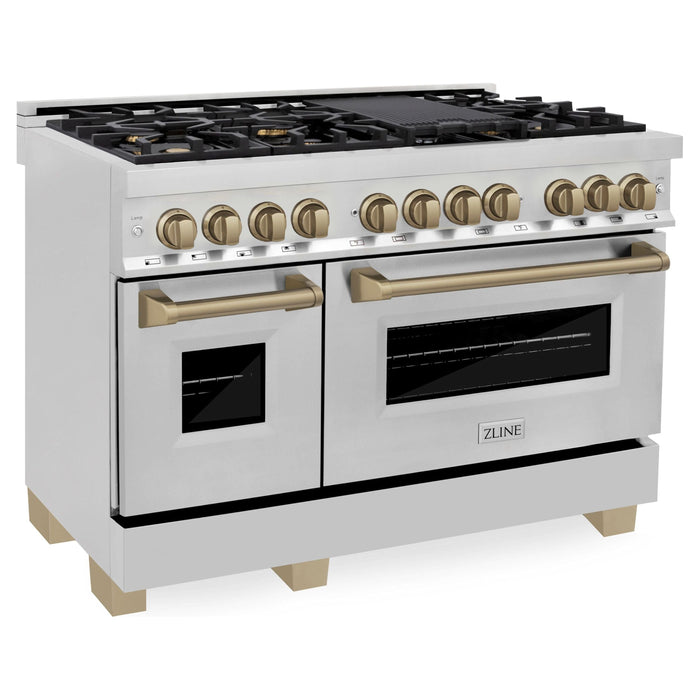 ZLINE Autograph Package - 48 In. Dual Fuel Range, Range Hood and Dishwasher in Stainless Steel with Champagne Bronze Accents, 3AKPR-RARH48-CB