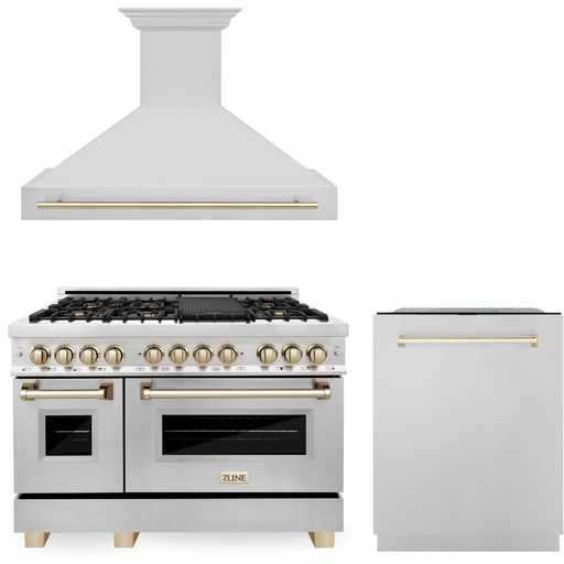 ZLINE Autograph Package - 48 In. Dual Fuel Range, Range Hood and Dishwasher in Stainless Steel with Gold Accents, 3AKPR-RARH48-G