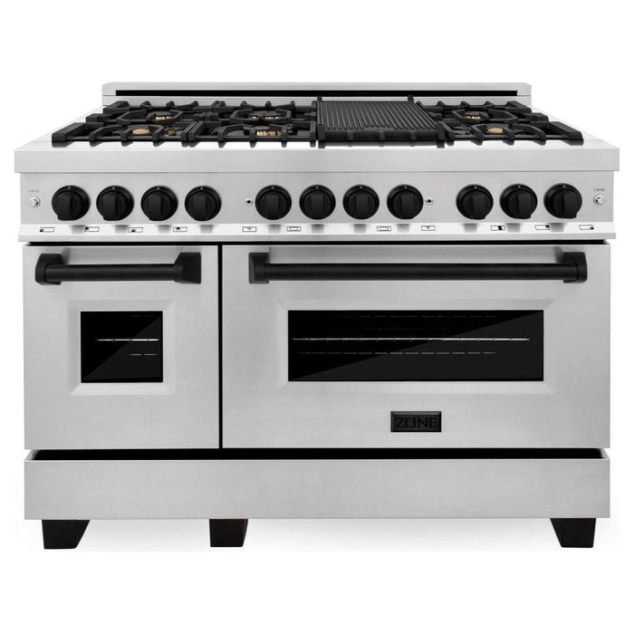 ZLINE Autograph Package - 48 In. Dual Fuel Range, Range Hood and Dishwasher in Stainless Steel with Matte Black Accents, 3AKPR-RARH48-MB