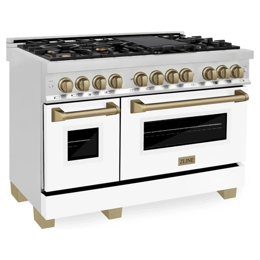 ZLINE Autograph Package - 48 In. Dual Fuel Range, Range Hood, and Dishwasher in Stainless Steel with White Matte Finish and Champagne Bronze Accents, 3AKPR-RAWMRH48-CB