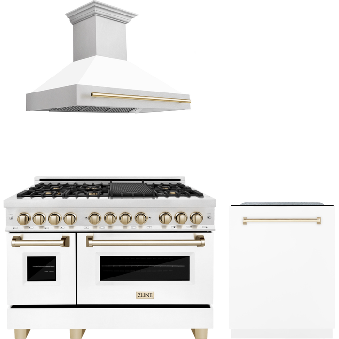 ZLINE Autograph Package - 48 In. Dual Fuel Range, Range Hood and Dishwasher with White Matte Door and Gold Accents, 3AKPR-RASWMRHDWM48-G