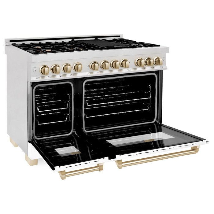 ZLINE Autograph Package - 48 In. Dual Fuel Range, Range Hood and Dishwasher with White Matte Door and Gold Accents, 3AKPR-RASWMRHDWM48-G