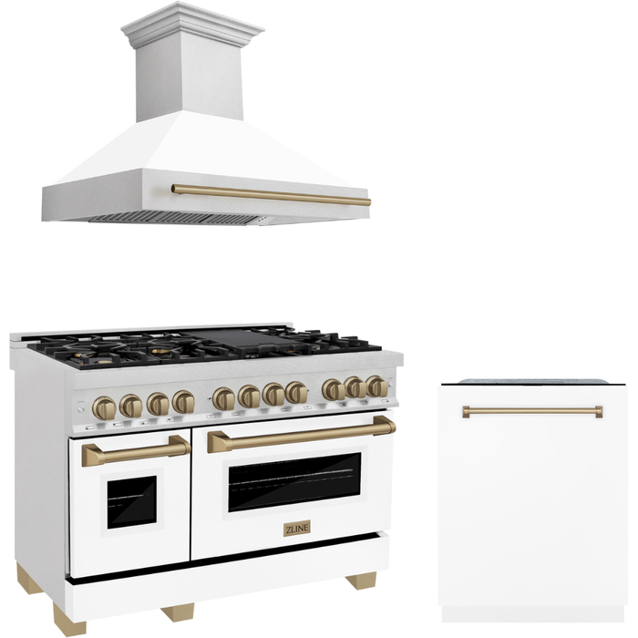 ZLINE Autograph Package - 48 In. Dual Fuel Range, Range Hood, and Dishwasher with White Matte Finish and Bronze Accents, 3AKPR-RASWMRHDWM48-CB