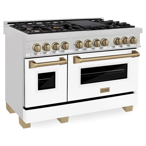 ZLINE Autograph Package - 48 In. Dual Fuel Range, Range Hood, and Dishwasher with White Matte Finish and Bronze Accents, 3AKPR-RASWMRHDWM48-CB