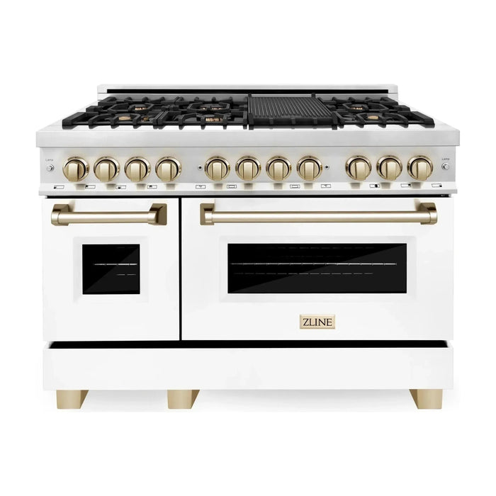 ZLINE Autograph Package - 48 In. Dual Fuel Range, Range Hood, and Dishwasher with White Matte Finish and Gold Accents, 3AKPR-RAWMRH48-G