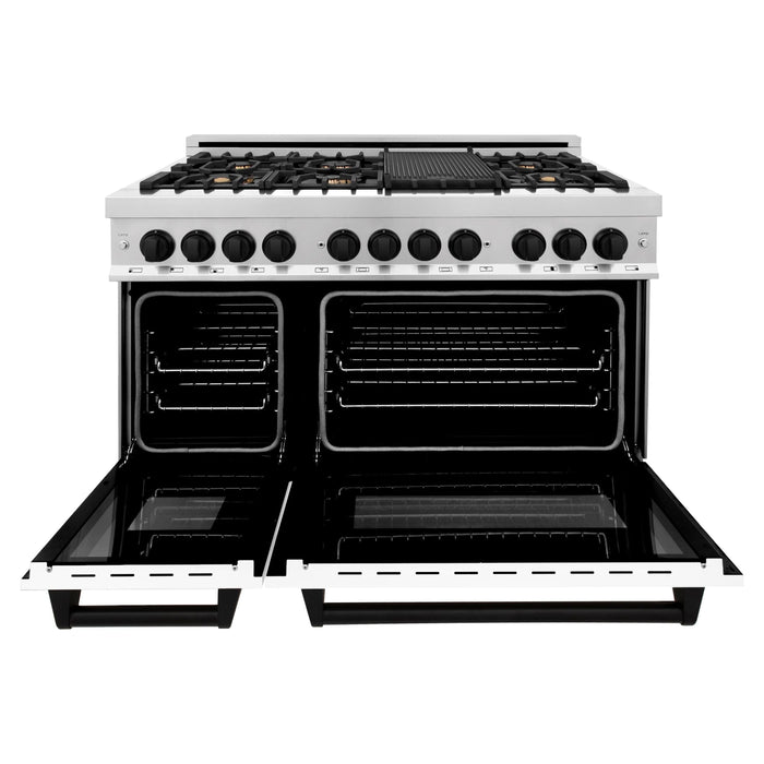 ZLINE Autograph Package - 48 In. Dual Fuel Range, Range Hood, and Dishwasher with White Matte Finish and Matte Black Accents, 3AKPR-RAWMRH48-MB