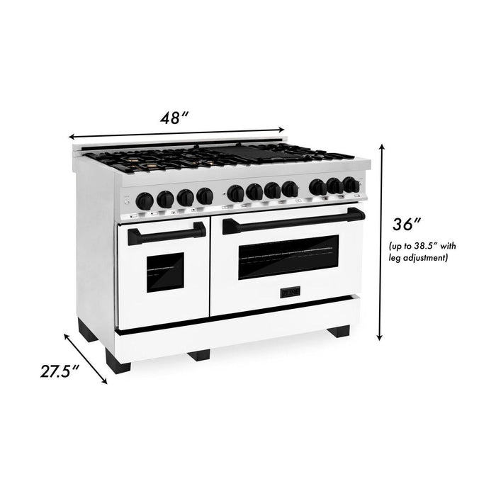 ZLINE Autograph Package - 48 In. Dual Fuel Range, Range Hood, and Dishwasher with White Matte Finish and Matte Black Accents, 3AKPR-RAWMRH48-MB