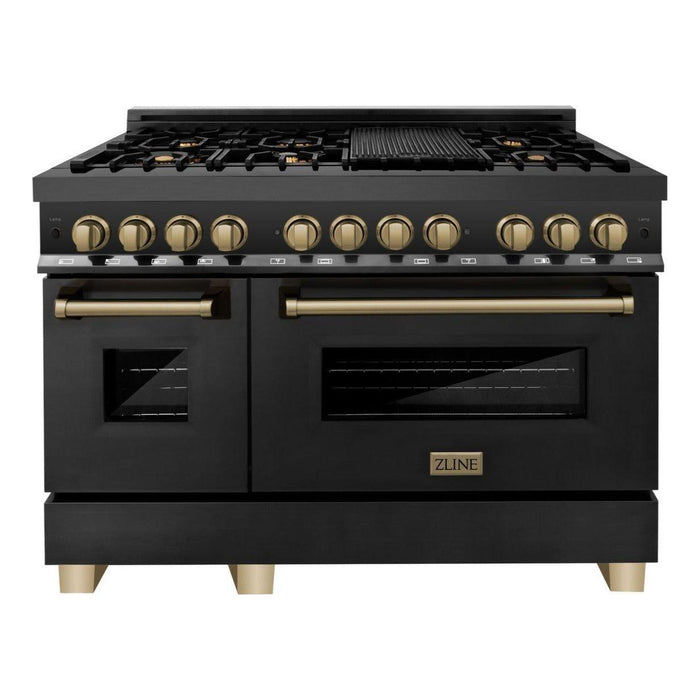 ZLINE Autograph Package - 48 In. Dual Fuel Range, Range Hood, Dishwasher in Black Stainless Steel with Champagne Bronze Accent, 3AKP-RABRHDWV48-CB