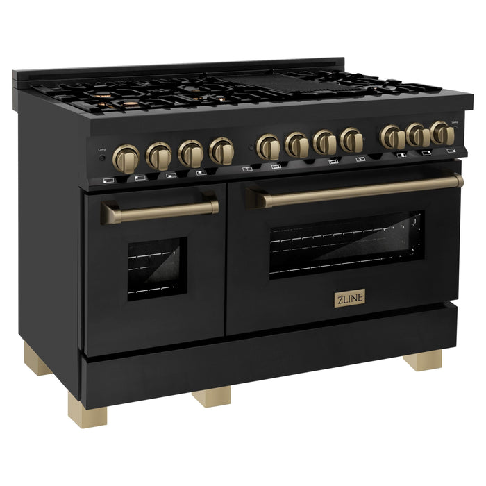 ZLINE Autograph Package - 48 In. Dual Fuel Range, Range Hood, Dishwasher in Black Stainless Steel with Champagne Bronze Accent, 3AKP-RABRHDWV48-CB