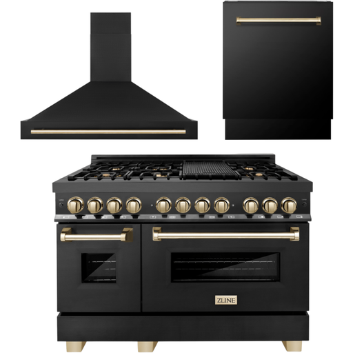 ZLINE Autograph Package - 48 In. Dual Fuel Range, Range Hood, Dishwasher in Black Stainless Steel with Gold Accent, 3AKP-RABRHDWV48-G