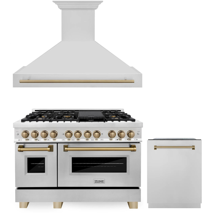 ZLINE Autograph Package - 48 In. Dual Fuel Range, Range Hood, Dishwasher in Stainless Steel with Champagne Bronze Accents, 3AKP-RARHDWM48-CB