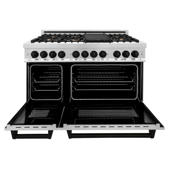 ZLINE Autograph Package - 48 In. Dual Fuel Range, Range Hood, Dishwasher in Stainless Steel with Matte Black Accents, 3AKP-RARHDWM48-MB