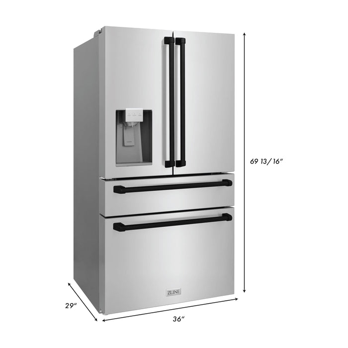 ZLINE Autograph Package - 48 In. Dual Fuel Range, Range Hood, Dishwasher, Refrigerator with Water and Ice Dispenser in Matte Black Trim, 4AKPR-RARHDWM48-MB