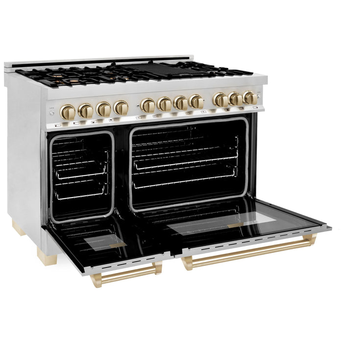 ZLINE Autograph Package - 48 In. Dual Fuel Range, Range Hood, Dishwasher, Refrigerator with Water and Ice Dispenser in Stainless Steel with Gold Accents, 4AKPR-RARHDWM48-G