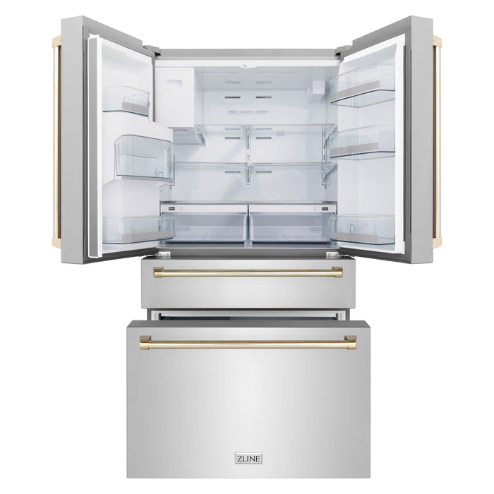 ZLINE Autograph Package - 48 In. Dual Fuel Range, Range Hood, Dishwasher, Refrigerator with Water and Ice Dispenser in Stainless Steel with Gold Accents, 4AKPR-RARHDWM48-G