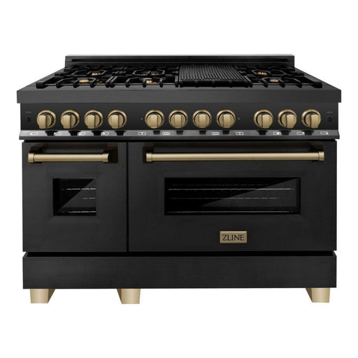 ZLINE Autograph Package - 48 In. Dual Fuel Range, Range Hood in Black Stainless Steel with Champagne Bronze Accents, 2AKP-RABRH48-CB