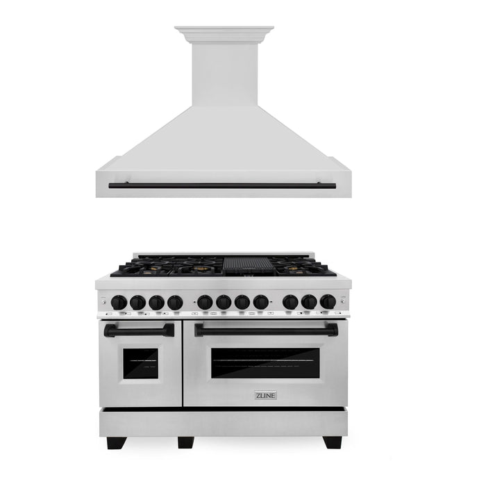 ZLINE Autograph Package - 48 In. Dual Fuel Range, Range Hood in Stainless Steel with Matte Black Accents, 2AKP-RARH48-MB