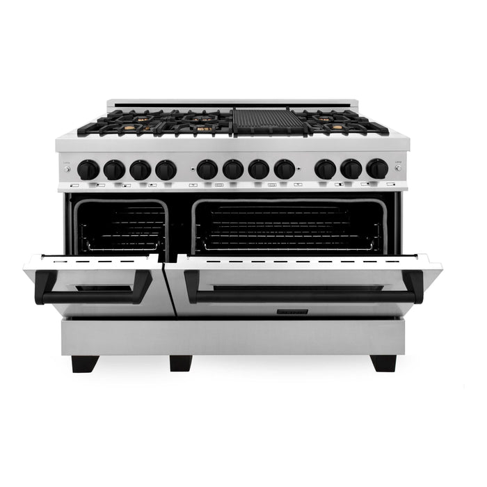 ZLINE Autograph Package - 48 In. Dual Fuel Range, Range Hood in Stainless Steel with Matte Black Accents, 2AKP-RARH48-MB