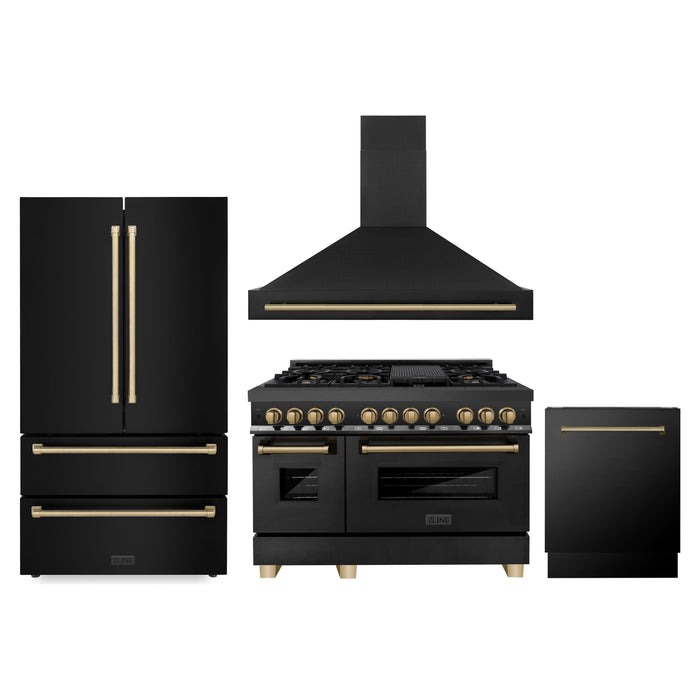 ZLINE Autograph Package - 48 In. Dual Fuel Range, Range Hood, Refrigerator, and Dishwasher in Black Stainless Steel with Champagne Bronze Accents, 4AKPR-RABRHDWV48-CB