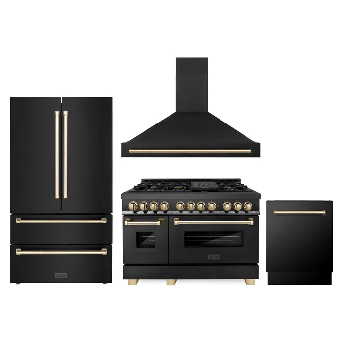 ZLINE Autograph Package - 48 In. Dual Fuel Range, Range Hood, Refrigerator, and Dishwasher in Black Stainless Steel with Gold Accents, 4AKPR-RABRHDWV48-G