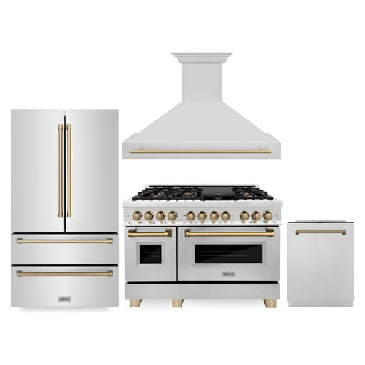 ZLINE Autograph Package - 48 In. Dual Fuel Range, Range Hood, Refrigerator, and Dishwasher in Stainless Steel with Champagne Bronze Accents, 4KAPR-RARHDWM48-CB