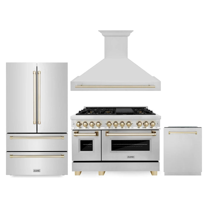 ZLINE Autograph Package - 48 In. Dual Fuel Range, Range Hood, Refrigerator, and Dishwasher in Stainless Steel with Gold Accents, 4KAPR-RARHDWM48-G