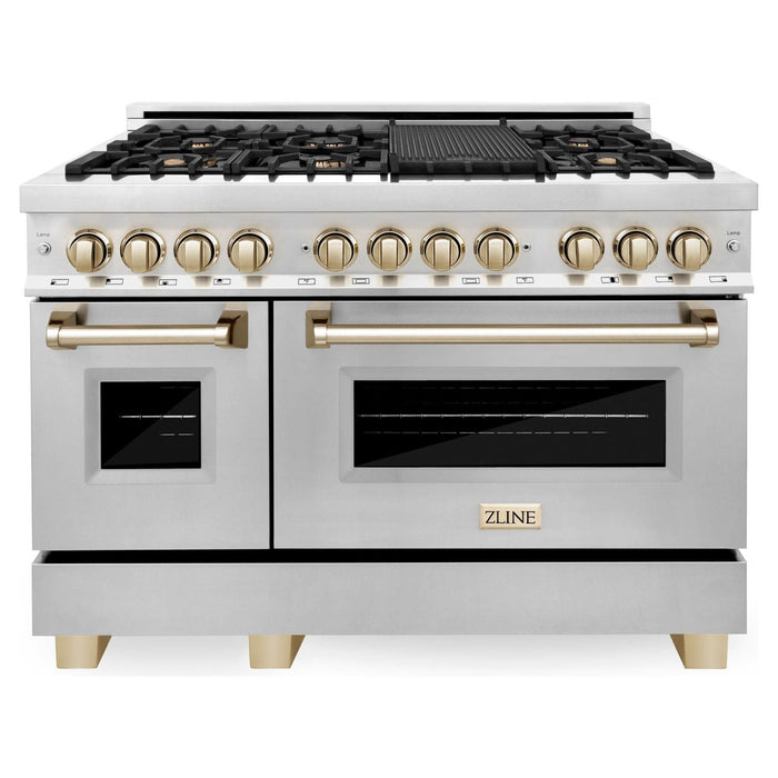 ZLINE Autograph Package - 48 In. Dual Fuel Range, Range Hood, Refrigerator, and Dishwasher in Stainless Steel with Gold Accents, 4KAPR-RARHDWM48-G