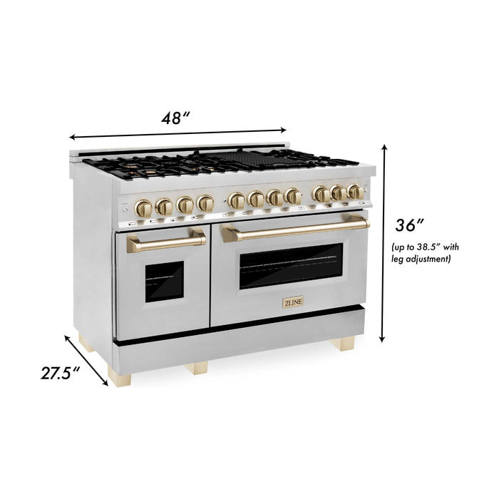 ZLINE Autograph Package - 48 In. Dual Fuel Range, Range Hood, Refrigerator, and Dishwasher in Stainless Steel with Gold Accents, 4KAPR-RARHDWM48-G