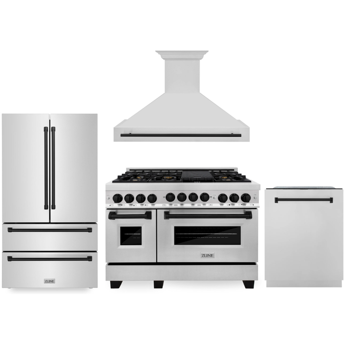 ZLINE Autograph Package - 48 In. Dual Fuel Range, Range Hood, Refrigerator, and Dishwasher in Stainless Steel with Matte Black Accents, 4KAPR-RARHDWM48-MB