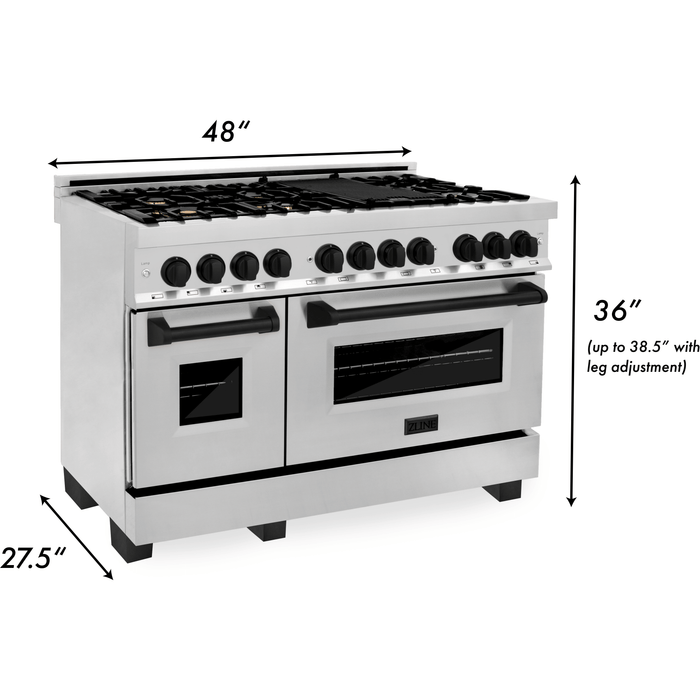 ZLINE Autograph Package - 48 In. Dual Fuel Range, Range Hood, Refrigerator, and Dishwasher in Stainless Steel with Matte Black Accents, 4KAPR-RARHDWM48-MB