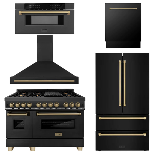 ZLINE Autograph Package - 48 In. Dual Fuel Range, Range Hood, Refrigerator, Microwave and Dishwasher in Black Stainless Steel with Bronze Accents