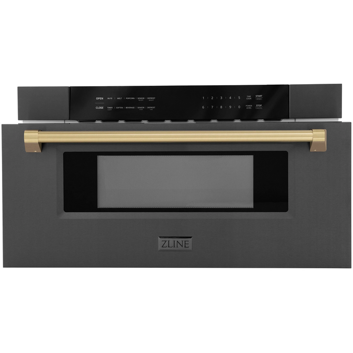 ZLINE Autograph Package - 48 In. Dual Fuel Range, Range Hood, Refrigerator, Microwave and Dishwasher in Black Stainless Steel with Bronze Accents