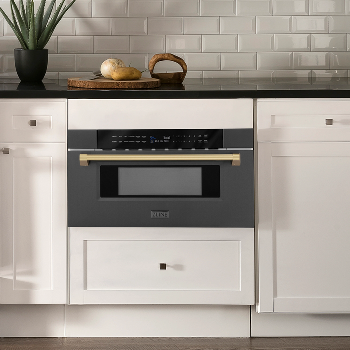 ZLINE Autograph Package - 48 In. Dual Fuel Range, Range Hood, Refrigerator, Microwave and Dishwasher in Black Stainless Steel with Bronze Accents