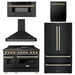 ZLINE Autograph Package - 48 In. Dual Fuel Range, Range Hood, Refrigerator, Microwave and Dishwasher in Black Stainless Steel with Gold Accents