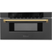 ZLINE Autograph Package - 48 In. Dual Fuel Range, Range Hood, Refrigerator, Microwave and Dishwasher in Black Stainless Steel with Gold Accents