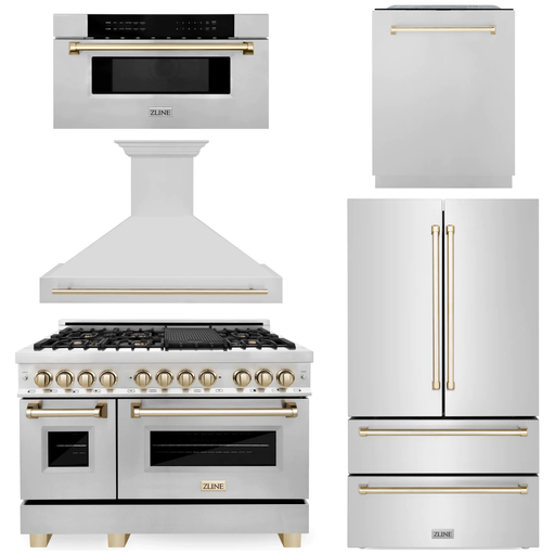 ZLINE Autograph Package - 48 In. Dual Fuel Range, Range Hood, Refrigerator, Microwave and Dishwasher in Stainless Steel with Gold Accents