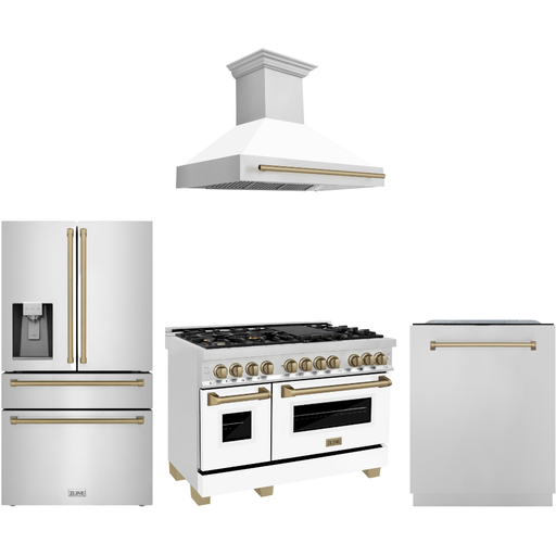 ZLINE Autograph Package - 48 In. Dual Fuel Range, Range Hood, Refrigerator with Water and Ice Dispenser, Dishwasher in Stainless Steel with Champagne Bronze Accents, 4AKPR-RAWMRHDWM48-CB