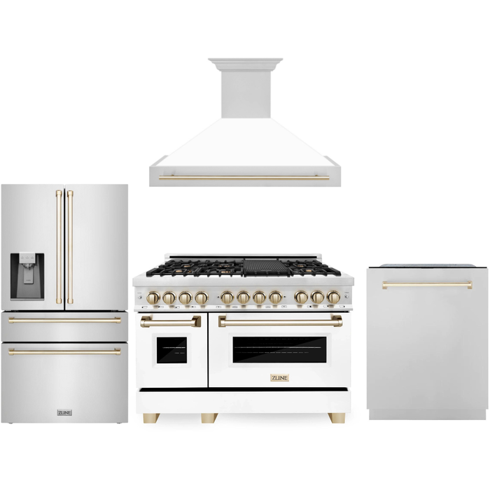 ZLINE Autograph Package - 48 In. Dual Fuel Range, Range Hood, Refrigerator with Water and Ice Dispenser, Dishwasher in Stainless Steel with Gold Accents, 4AKPR-RAWMRHDWM48-G