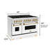 ZLINE Autograph Package - 48 In. Dual Fuel Range, Range Hood, Refrigerator with Water and Ice Dispenser, Dishwasher in Stainless Steel with Gold Accents, 4AKPR-RAWMRHDWM48-G