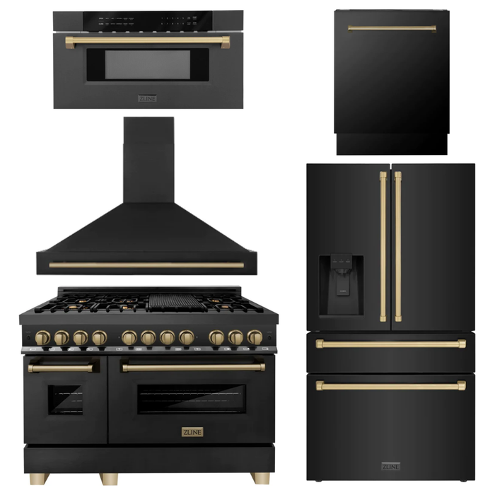 ZLINE Autograph Package - 48 In. Dual Fuel Range, Range Hood, Refrigerator with Water and Ice Dispenser, Microwave and Dishwasher in Black Stainless Steel with Bronze Accents