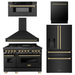 ZLINE Autograph Package - 48 In. Dual Fuel Range, Range Hood, Refrigerator with Water and Ice Dispenser, Microwave and Dishwasher in Black Stainless Steel with Bronze Accents