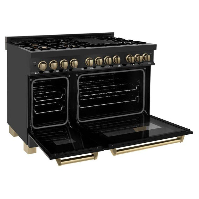 ZLINE Autograph Package - 48 In. Dual Fuel Range, Range Hood, Refrigerator with Water and Ice Dispenser, Microwave and Dishwasher in Black Stainless Steel with Bronze Accents