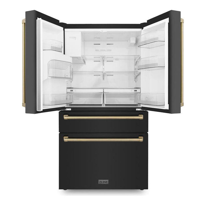 ZLINE Autograph Package - 48 In. Dual Fuel Range, Range Hood, Refrigerator with Water and Ice Dispenser, Microwave and Dishwasher in Black Stainless Steel with Bronze Accents