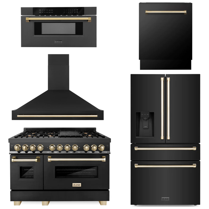 ZLINE Autograph Package - 48 In. Dual Fuel Range, Range Hood, Refrigerator with Water and Ice Dispenser, Microwave and Dishwasher in Black Stainless Steel with Gold Accents