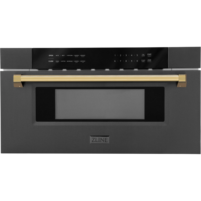 ZLINE Autograph Package - 48 In. Dual Fuel Range, Range Hood, Refrigerator with Water and Ice Dispenser, Microwave and Dishwasher in Black Stainless Steel with Gold Accents