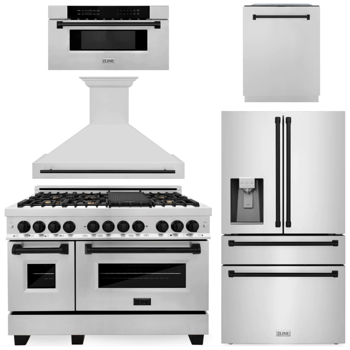 ZLINE Autograph Package - 48 In. Dual Fuel Range, Range Hood, Refrigerator with Water and Ice Dispenser, Microwave and Dishwasher in Stainless Steel with Black Accents