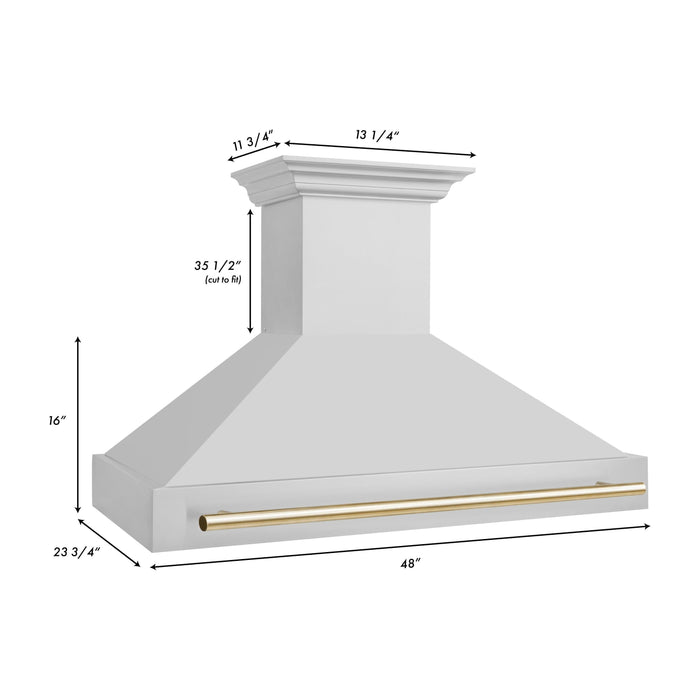 ZLINE Autograph Package - 48 in. Dual Fuel Range, Range Hood, Refrigerator with Water and Ice Dispenser, Microwave and Dishwasher in Stainless Steel with Gold Accents