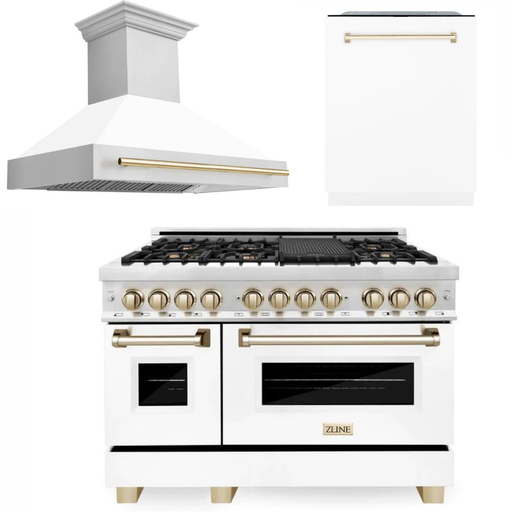 ZLINE Autograph Package - 48 In. Dual Fuel Range with Gold Accent, Range Hood, Dishwasher in White Matte, 3AKP-RAWMRHDWM48-G