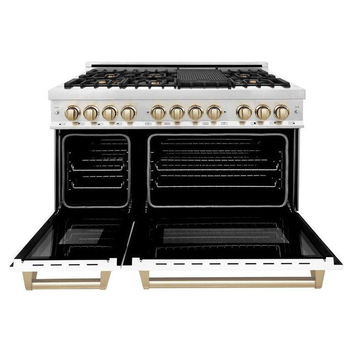 ZLINE Autograph Package - 48 In. Dual Fuel Range with Gold Accent, Range Hood, Dishwasher in White Matte, 3AKP-RAWMRHDWM48-G