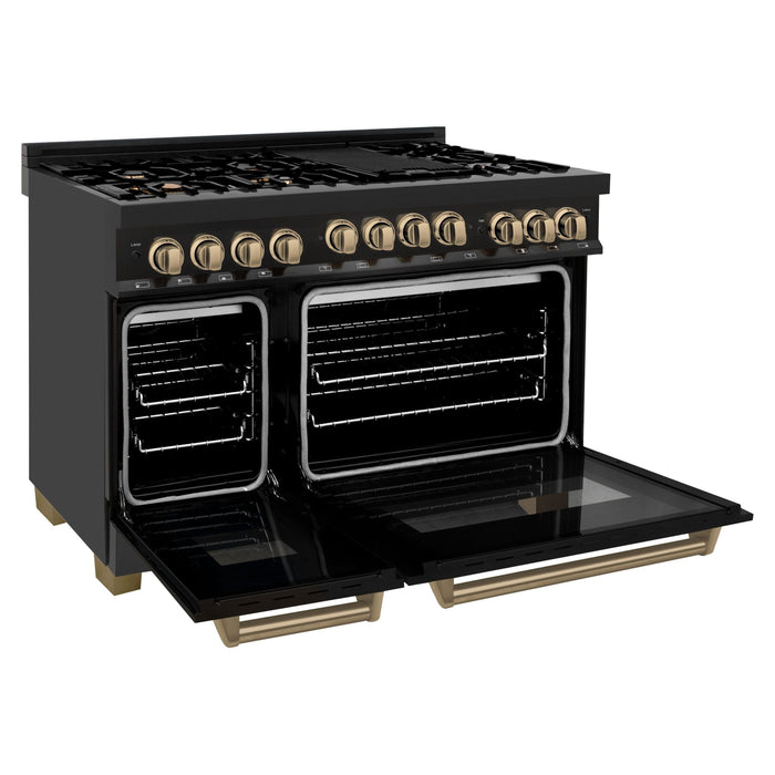 ZLINE Autograph Package - 48 In. Gas Range and Range Hood in Black Stainless Steel with Champagne Bronze Accents, 2AKPR-RGBRH48-CB